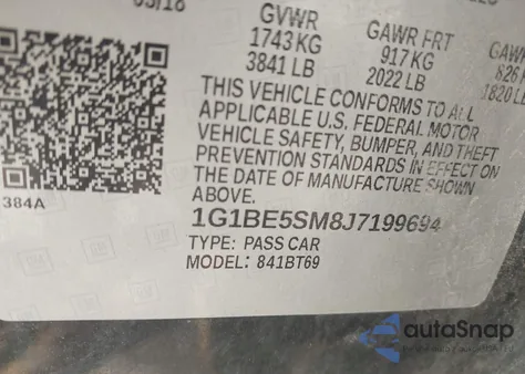 2018 Chevrolet Cruze Lt Auto z USA, uszkodzony, nr VIN 1G1BE5SM8J7199694